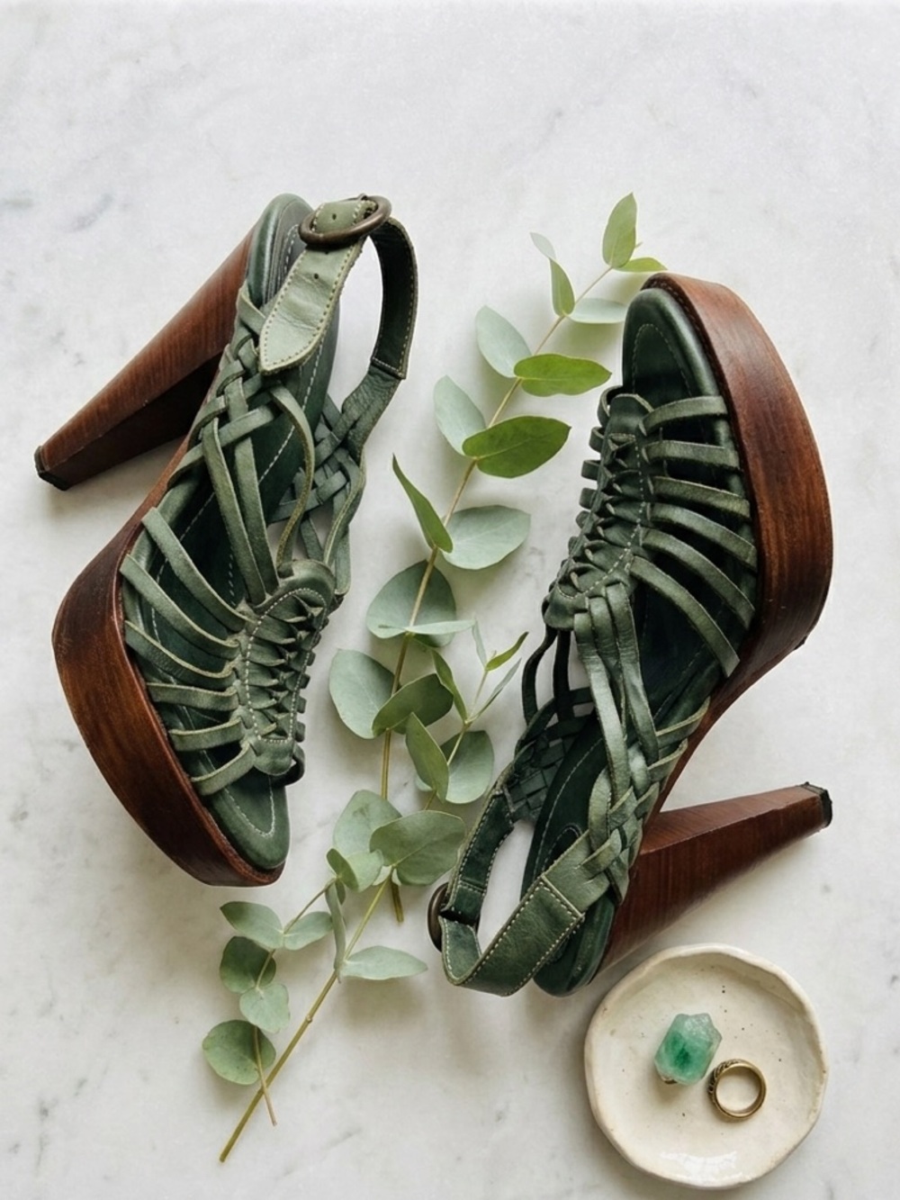 Frye Joy Huarache Platform Sandals Olive Green Leather Wood Heels Boho 9.5